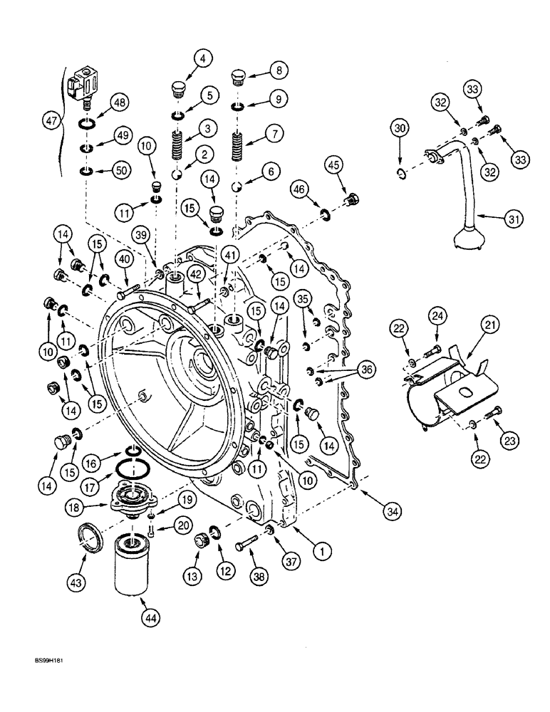 Схема запчастей Case 590SL - (6-120) - CLARK POWERSHIFT TRANSMISSION ASSEMBLY, HOUSING AND OIL FILTER (06) - POWER TRAIN