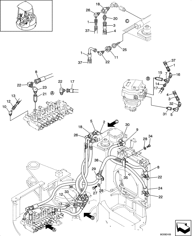 Схема запчастей Case CX36 - (08-06[00]) - HYDRAULIC LINES - RETURN (NIBBLER & BREAKER) (08) - HYDRAULICS