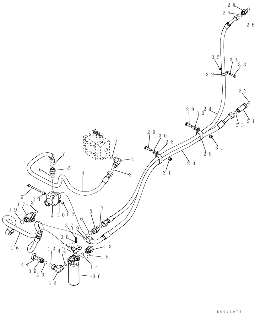 Схема запчастей Case 850K - (08-03) - HYDRAULICS, EQUIPMENT - CONTROL VALVE TO THERMAL BYPASS VALVE AND FILTER (08) - HYDRAULICS