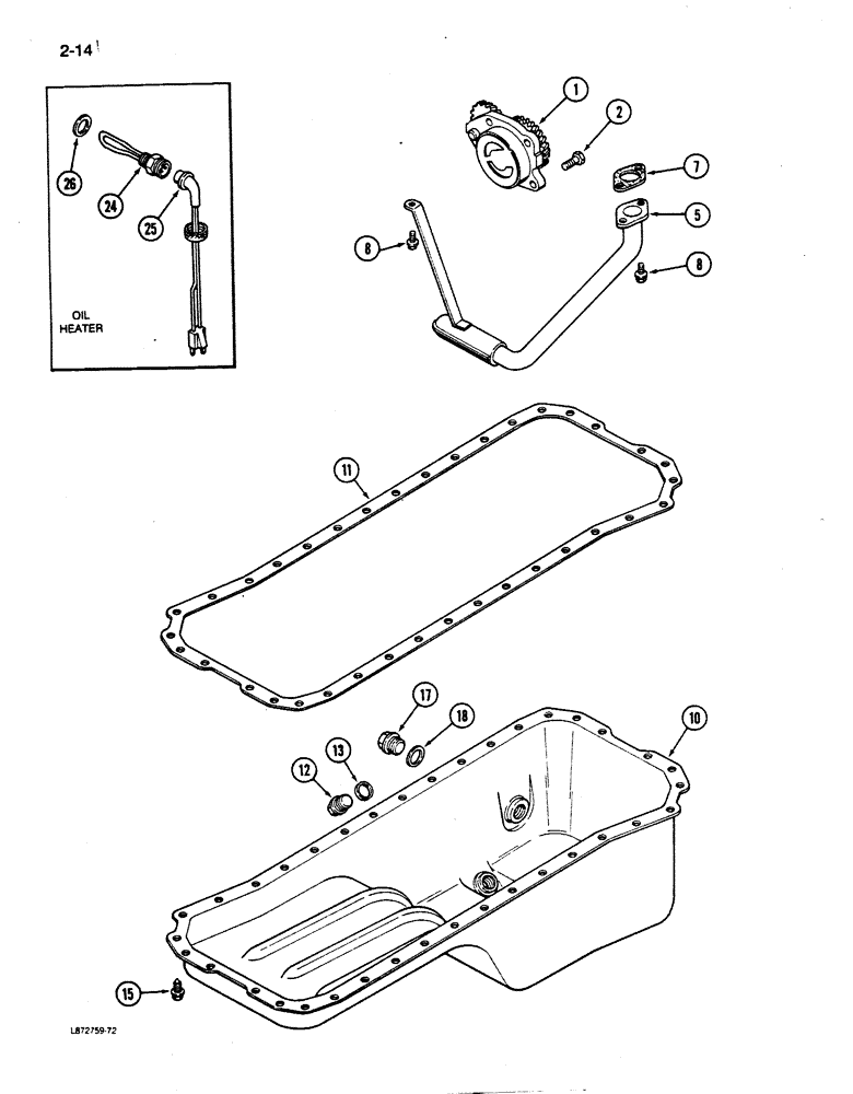 Схема запчастей Case 850D - (2-14) - OIL PUMP AND OIL PAN, 6-590 ENGINE, 6T-590 ENGINE (02) - ENGINE