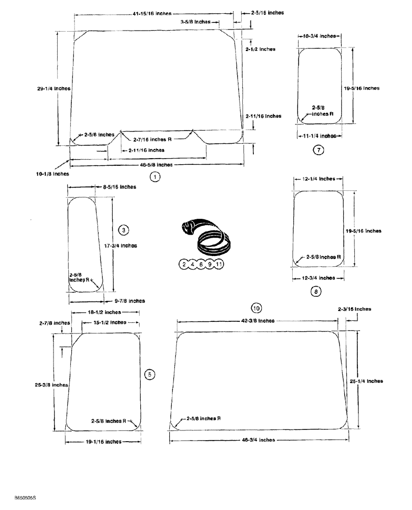 Схема запчастей Case 650G - (9-58) - CAB ASSEMBLY - GLASS - U.S. DIMENSIONS (09) - CHASSIS/ATTACHMENTS