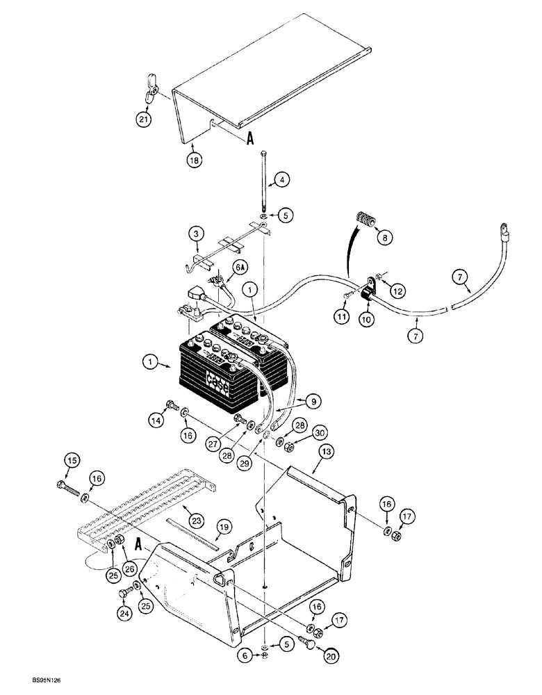 Схема запчастей Case 760 - (04-016) - BATTERY, MOUNTING, AND CABLES, DUAL BATTERY COLD START SYSTEM, PRIOR TO P.I.N. JAF0022844 & W/O FLOW (55) - ELECTRICAL SYSTEMS