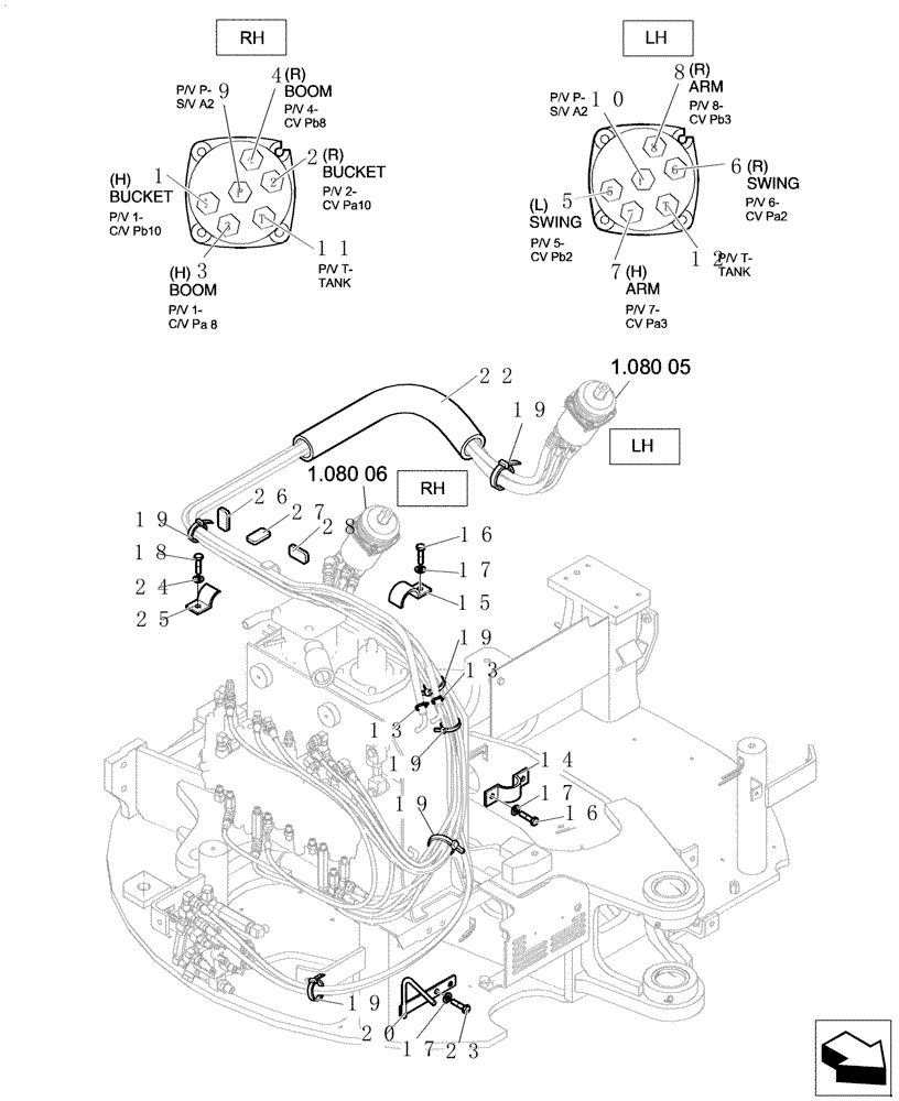 Схема запчастей Case CX31B - (1.080[04]) - POWER STEERING CONTROL LINES (35) - HYDRAULIC SYSTEMS