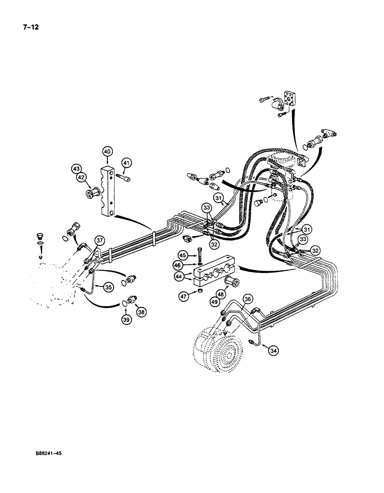 Схема запчастей Case 125B - (7-12) - TRACK DRIVE, DRIVE RANGE AND BRAKE HYDRAULIC LINES, P.I.N. 74845 THROUGH 74879 (07) - BRAKES