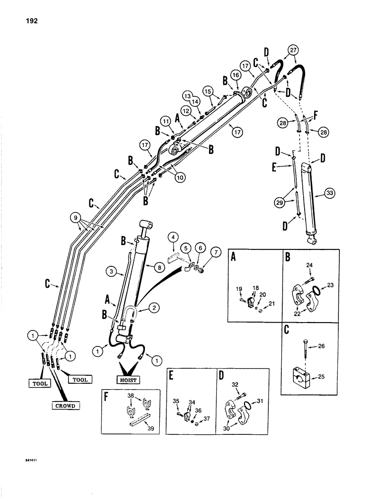 Схема запчастей Case 1280B - (192) - BOOM, ARM, AND TOOL CIRCUITS, CYLINDER HYDRAULIC LINES WITH (08) - HYDRAULICS