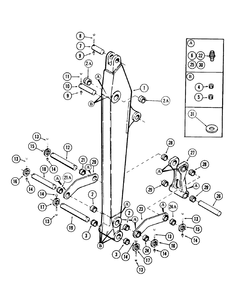 Схема запчастей Case 40 - (128) - DIPPERSTICK WITH ATTACHMENT LINKS AND PINS (84) - BOOMS, DIPPERS & BUCKETS