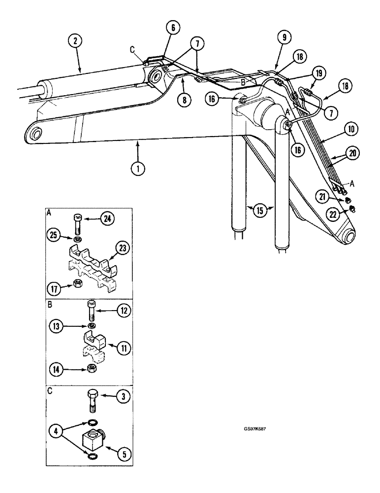 Схема запчастей Case 220B - (9-052) - BOOM LUBRICATION LINES,W/ ADAPTERS BETWEEN TUBES, GREASE FITTINGS,PIN 74570 - 74597,PIN 03201 & AFT (09) - CHASSIS