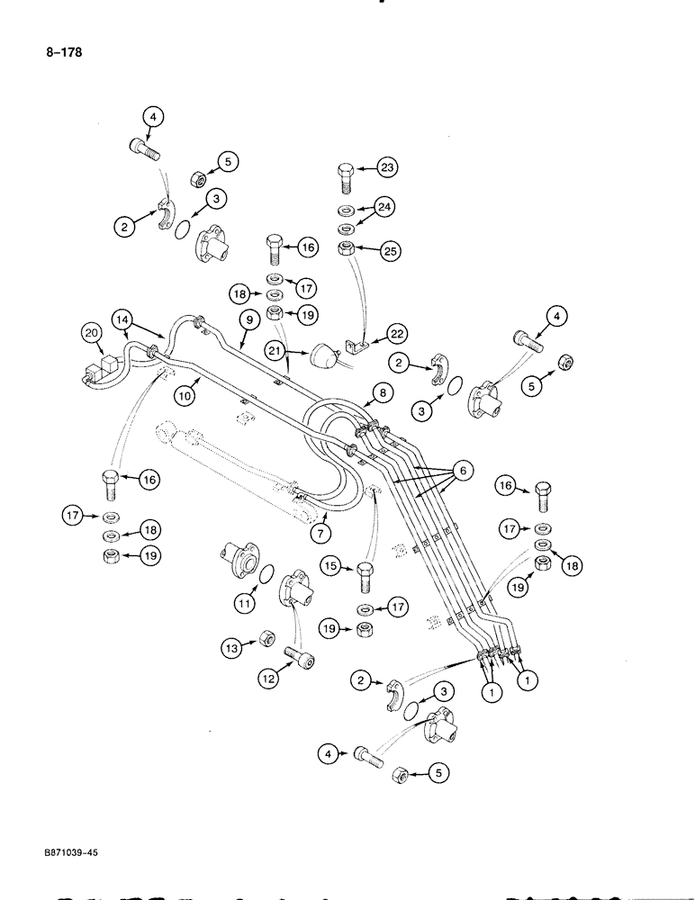 Схема запчастей Case 888 - (8-178) - ARM AND TOOL CYLINDER CIRCUIT, TUBES AT BOOM (08) - HYDRAULICS