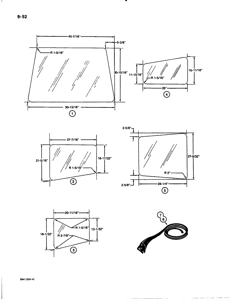 Схема запчастей Case W30 - (9-52) - CAB GLASS, U.S. DIMENSIONS (09) - CHASSIS/ATTACHMENTS