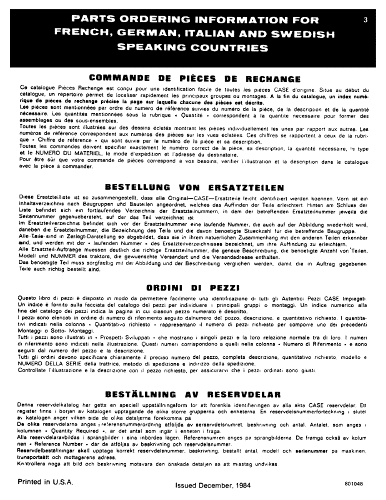 Схема запчастей Case 880D - (003) - PARTS ORDERING INFORMATION FOR FRENCH, GERMAN, ITALIAN, AND SWEDISH SPEAKING COUNTRIES (00) - GENERAL