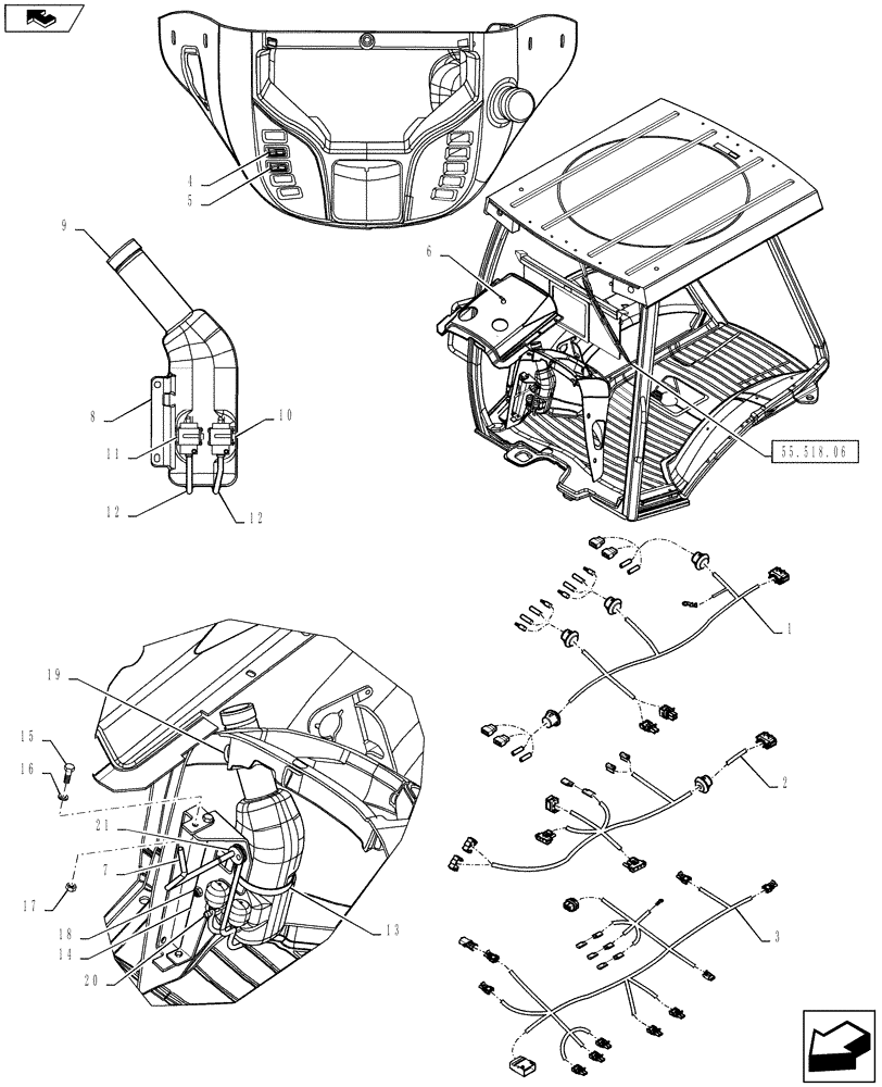 Схема запчастей Case 580SM - (55.518.07) - CANOPY, ROPS - WIPER, FRONT AND WINDSHIELD WASHER (55) - ELECTRICAL SYSTEMS