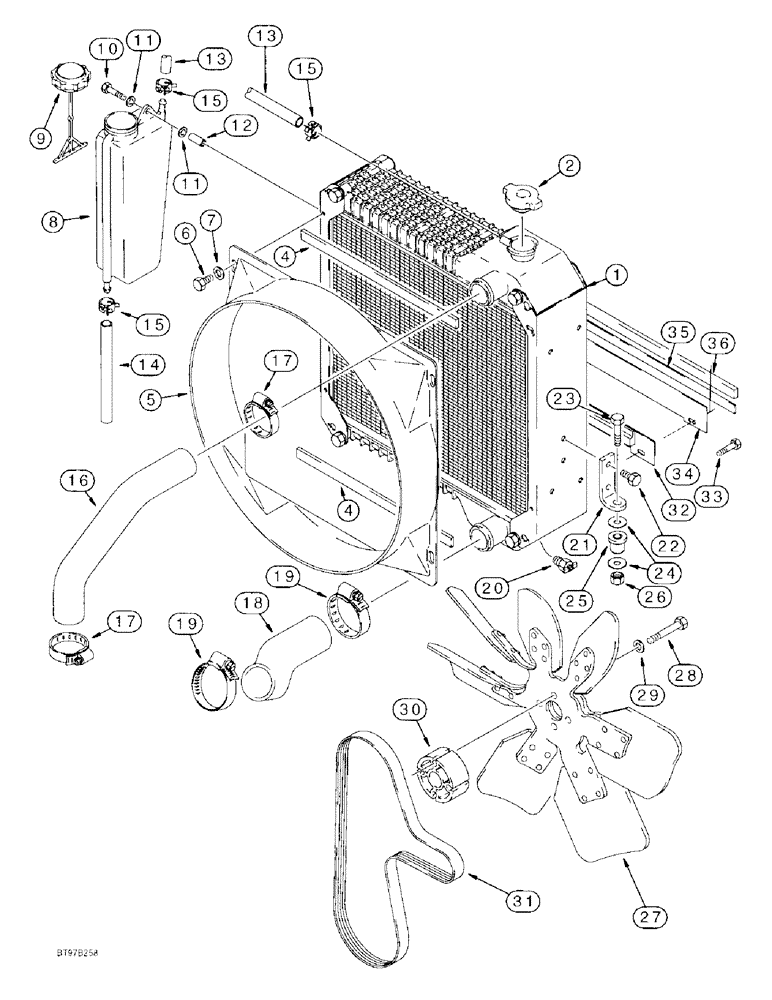 Схема запчастей Case 580SL - (2-02) - RADIATOR, FAN AND MOUNTING PARTS, USED WITH 139783A1, 231280A1 OR 233817A1 OIL COOLER (02) - ENGINE