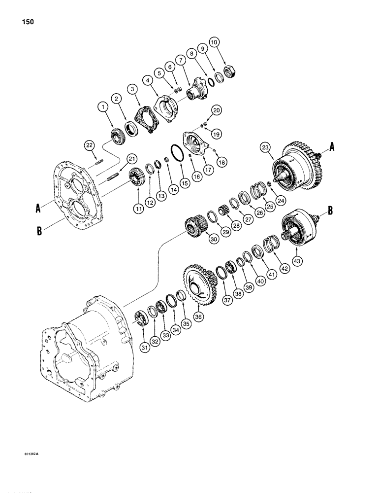 Схема запчастей Case 680H - (150) - TRANSMISSION OUTPUT SHAFT, LOW, AND THIRD GEARS (06) - POWER TRAIN