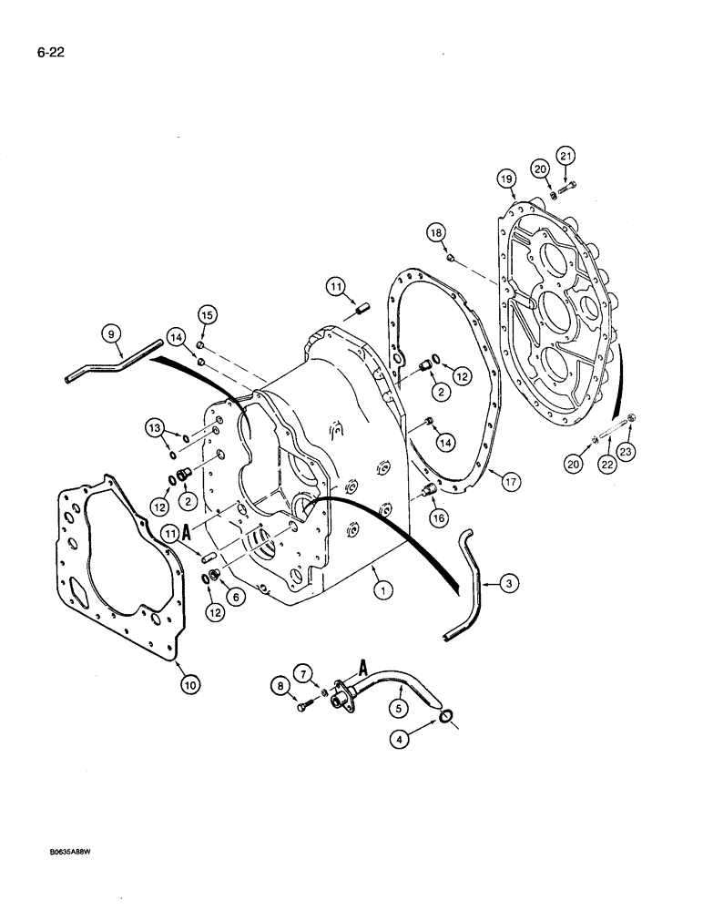 Схема запчастей Case 780D - (6-22) - TRANSMISSION HOUSING, REAR COVER, AND TUBES, 2W & 4WD MODELS (06) - POWER TRAIN