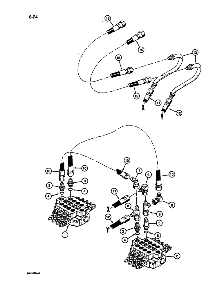 Схема запчастей Case 1187C - (8-24) - ATTACHMENT CYLINDER CIRCUIT, TUBES FROM CONTROL VALVES AT TURNTABLE (08) - HYDRAULICS