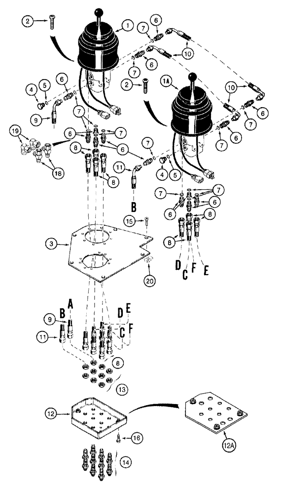 Схема запчастей Case 921B - (8-054) - REMOTE LOADER CONTROL CIRCUIT - TWO LEVERS WITH FOUR SPOOL VALVE (08) - HYDRAULICS