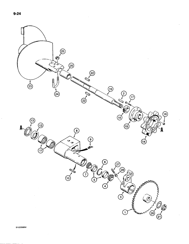 Схема запчастей Case MAXI-SNEAKER C - (9-24) - TRENCHER BOOM MOUNTING SHAFT, SPROCKET, AND AUGER, USED ON MODELS PRIOR TO P.I.N. 1231939 (09) - CHASSIS/ATTACHMENTS