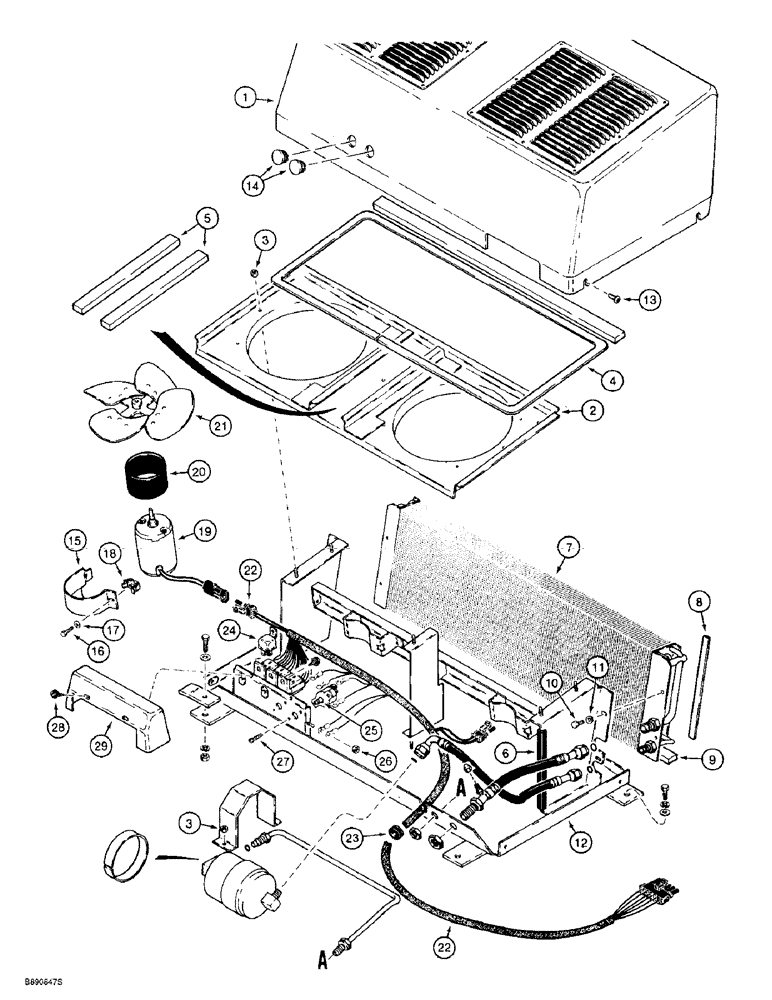 Схема запчастей Case 621B - (9-082) - AIR CONDITIONING CONDENSER AND MOUNTING, CONDENSER HARNESS WITH THREE RELAYS (09) - CHASSIS/ATTACHMENTS