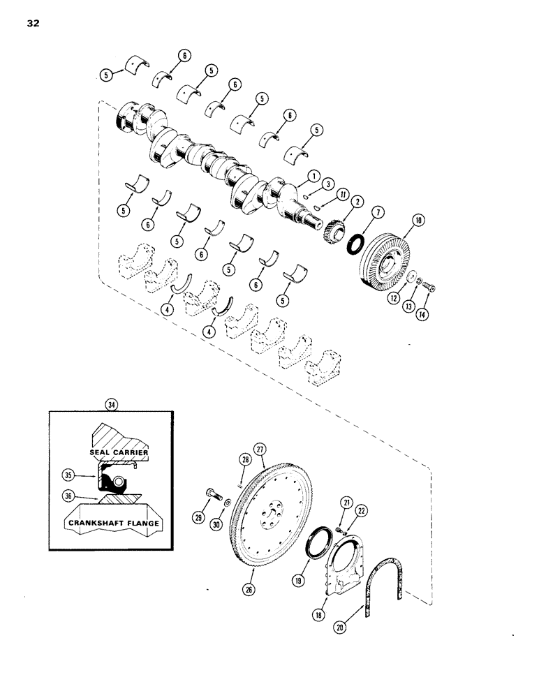 Схема запчастей Case 1150B - (032) - CRANKSHAFT AND FLYWHEEL, (451BD) AND (451BDT) DIESEL ENGINES (01) - ENGINE