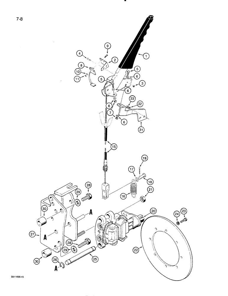 Схема запчастей Case 821 - (7-008) - PARKING BRAKE CONTROLS AND MOUNTING  P.I.N. JAK0024165 AND AFTER (07) - BRAKES