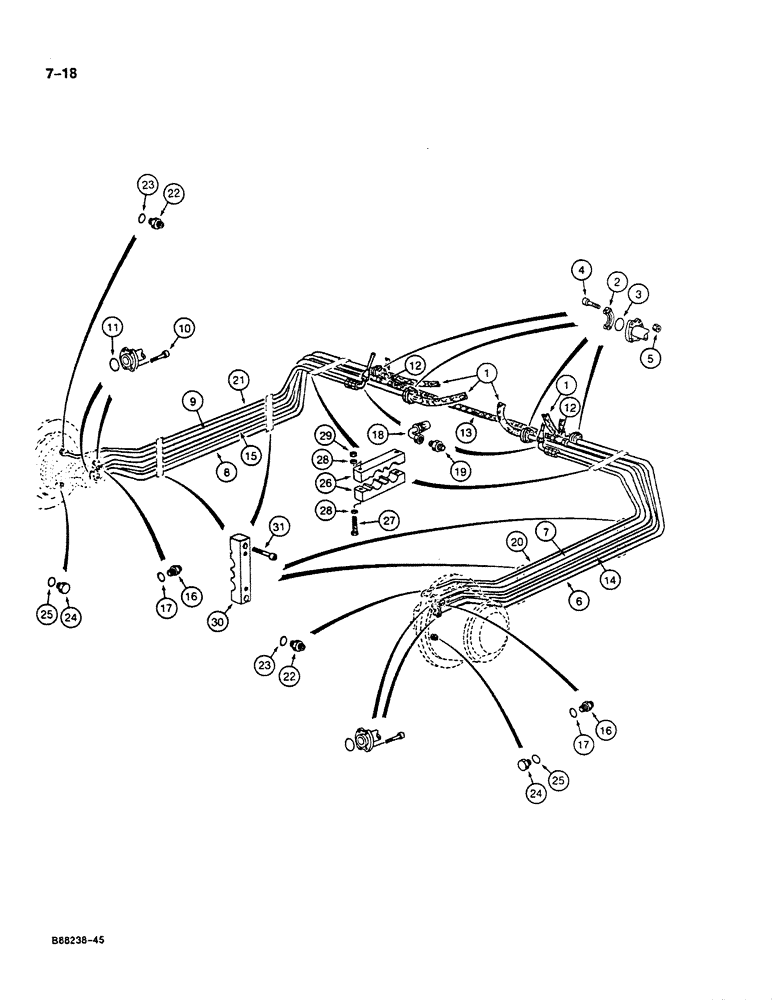 Схема запчастей Case 125B - (7-18) - TRACK DRIVE, RANGE DRIVE & BRAKE HYD. LINES, LOWER LINES TO DRIVE MOTORS & BRAKES (07) - BRAKES