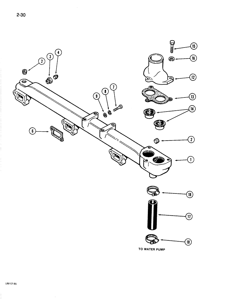 Схема запчастей Case 1187B - (2-30) - WATER MANIFOLD AND THERMOSTAT, 504BDT ENGINE (02) - ENGINE