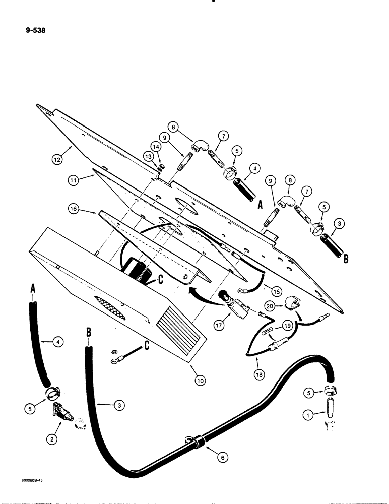 Схема запчастей Case 1455B - (9-538) - NON-PRESSURIZED CAB, HEATER CIRCUIT (09) - CHASSIS/ATTACHMENTS