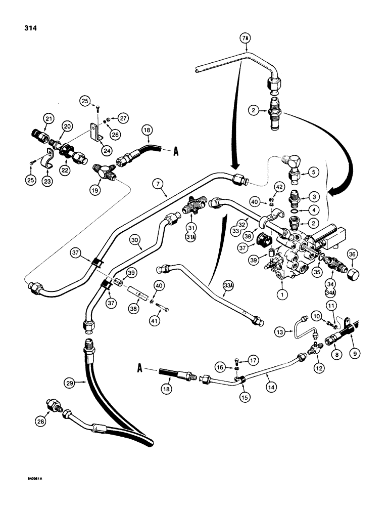 Схема запчастей Case 580E - (314) - EQUIPMENT HYDRAULIC SYSTEM, REAR EQUIPMENT LINES, USED WITH PARKER LOADER CONTROL VALVE (08) - HYDRAULICS