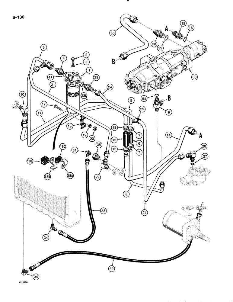 Схема запчастей Case 1835B - (6-130) - TANDEM PUMP HYDRAULIC CIRCUIT, SUCTION, RETURN, AND OIL COOLER LINES (06) - POWER TRAIN