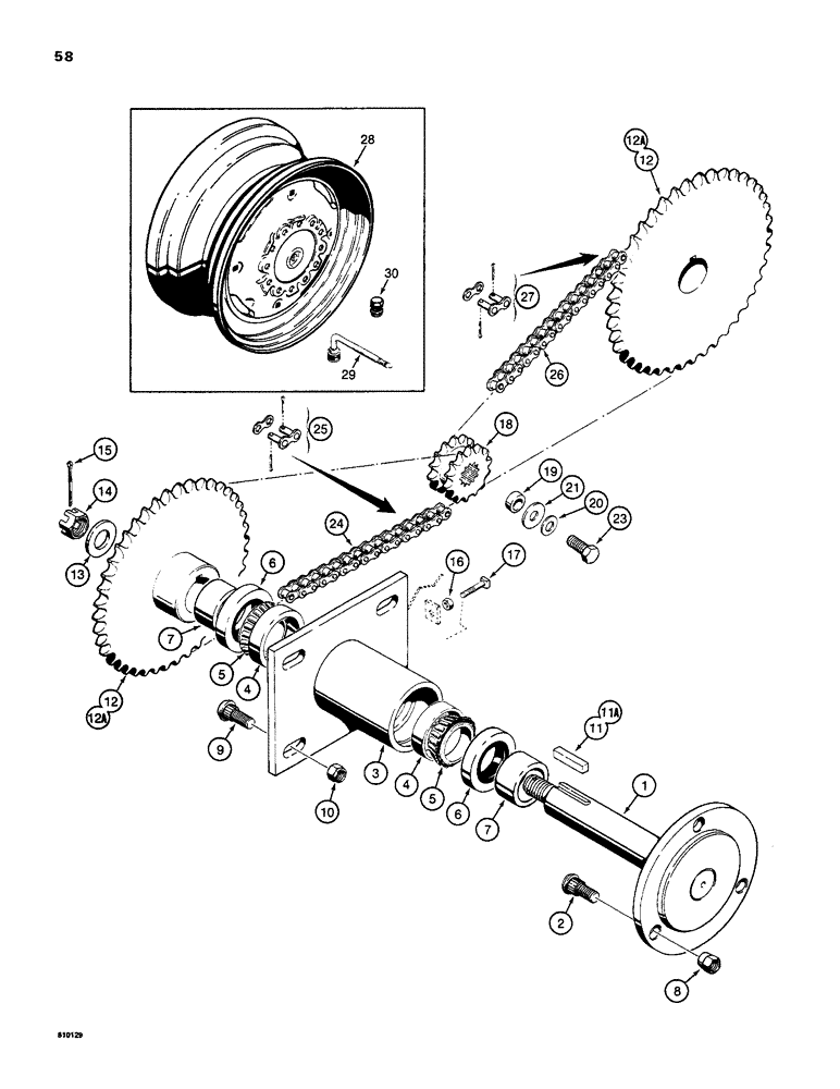 Схема запчастей Case 1816B - (58) - AXLES AND DRIVE CHAINS, WHEELS (14) - MAIN GEARBOX & DRIVE