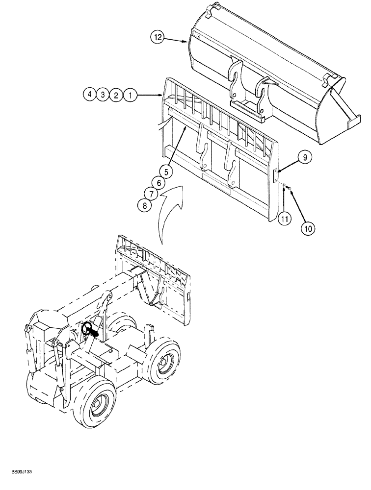 Схема запчастей Case 689G - (09-38) - QUICK ATTACH CARRIAGE & BUCKET,(48" CARR.,48" W/ SIDE TILT,60" CARR., 72" CARR., 1.3 CUBIC YD BUCKET (09) - CHASSIS