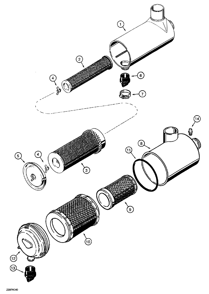 Схема запчастей Case 850G - (2-14) - AIR CLEANER ASSEMBLY PRIOR TO PIN JJG254015, EXCEPT FOR JJG0254005 THROUGH JJG0254009 (01) - ENGINE