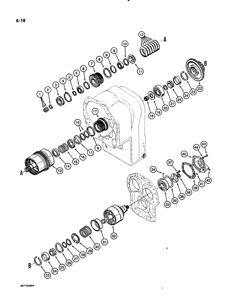 Схема запчастей Case 621 - (6-018) - TRANSMISSION ASSEMBLY, REVERSE, SECOND, AND FIRST CLUTCH SHAFT PARTS, PRIOR TO P.I.N. JAK0020901 (06) - POWER TRAIN