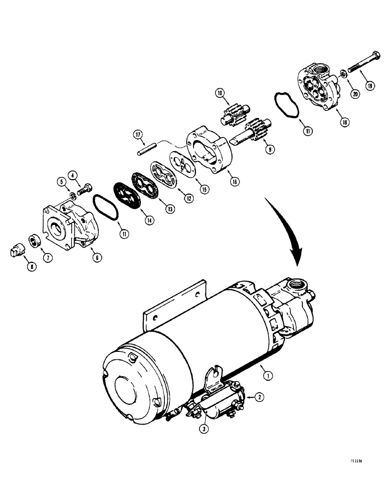 Схема запчастей Case 825 - (100) - L70813 AUXILIARY STEERING PUMP AND MOTOR (13) - STEERING SYSTEM