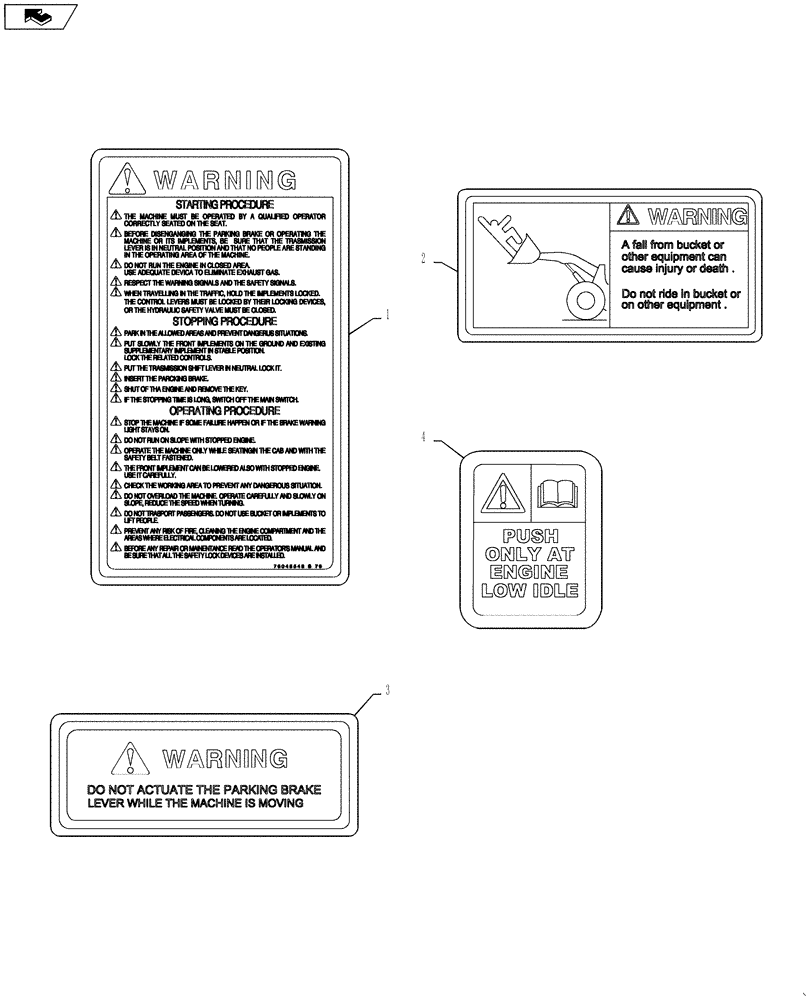 Схема запчастей Case 1121F - (90.108.07) - DECALS - SAFETY, ENGLISH, EUROPE (90) - PLATFORM, CAB, BODYWORK AND DECALS