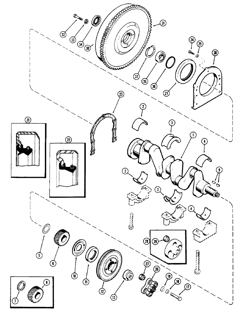 Схема запчастей Case 580 - (042) - CRANKSHAFT & FLYWHEEL, (159) SPARK IGNITION ENGINE, MECHANICAL SHUTTLE (10) - ENGINE