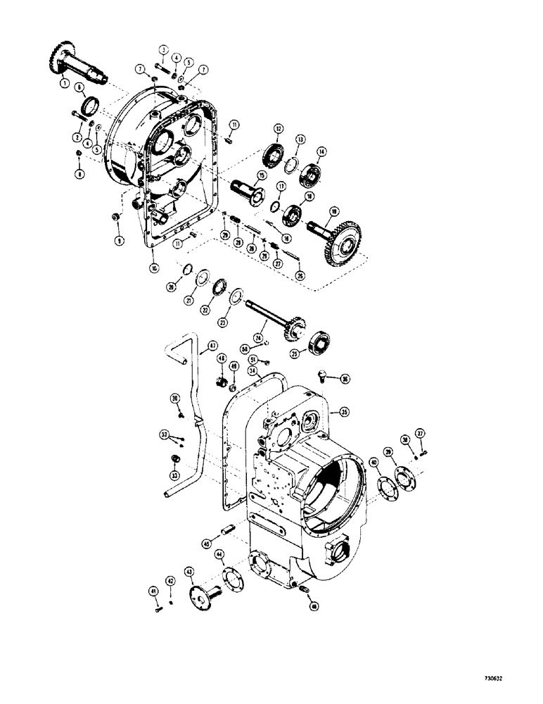 Схема запчастей Case 600 - (108) - TRANSMISSION, TORQUE CONVERTER HOUSING, GEARS AND TRANSMISSION HOUSING (03) - TRANSMISSION