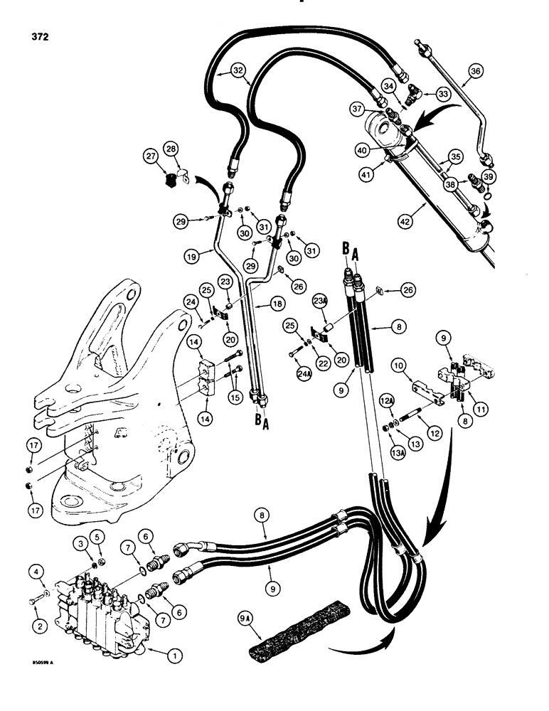 Схема запчастей Case 580E - (372) - BACKHOE BUCKET CYL HYD CIRCUIT,MODEL W/EXTENDABLE DIPPER MODELS W/2BOOM MOUNTING PIN AT SWING TOWER (08) - HYDRAULICS