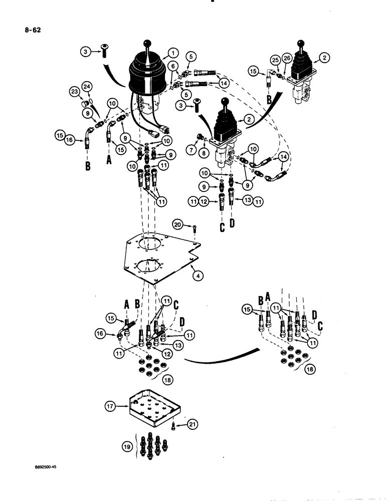 Схема запчастей Case 621 - (8-62) - REMOTE LOADER CONTROL CIRCUIT, TWO LEVERS WITH THREE SPOOL VALVE (08) - HYDRAULICS