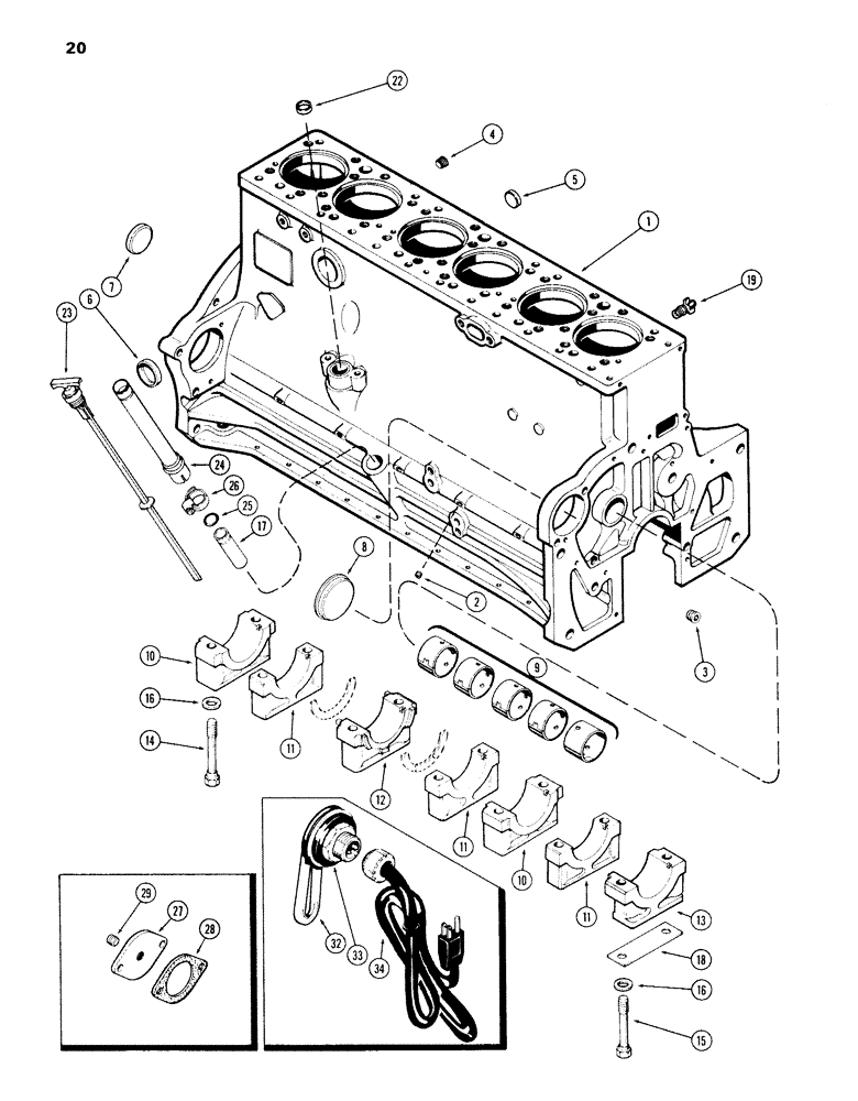 Схема запчастей Case 980B - (020) - CYLINDER BLOCK, 504BDT DIESEL ENGINE, BLOCK HEATER (01) - ENGINE