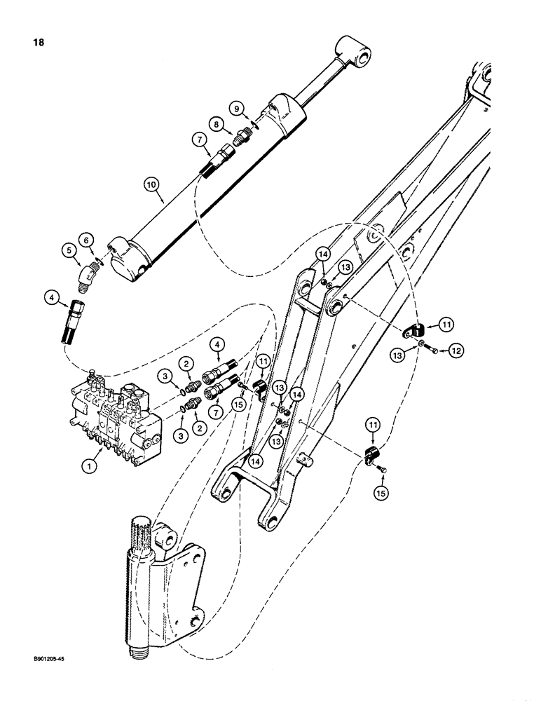 Схема запчастей Case D100 - (8-018) - BACKHOE DIPPER CYLINDER HYDRAULIC CIRCUIT, USED ON 1835C, 1840 & 1845C UNI-LOADERS W/ DUKE VALVE 