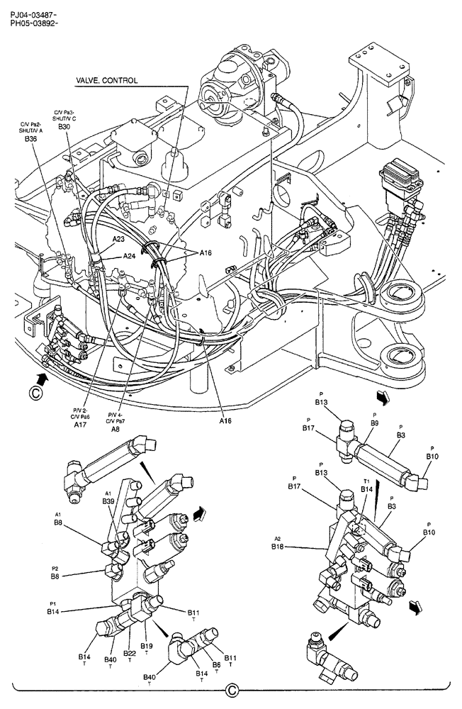 Схема запчастей Case CX50B - (02-058) - CONTROL LINES, REMOTE (NIBBLER & BREAKER) P/N HX34L06135DX (05) - SUPERSTRUCTURE