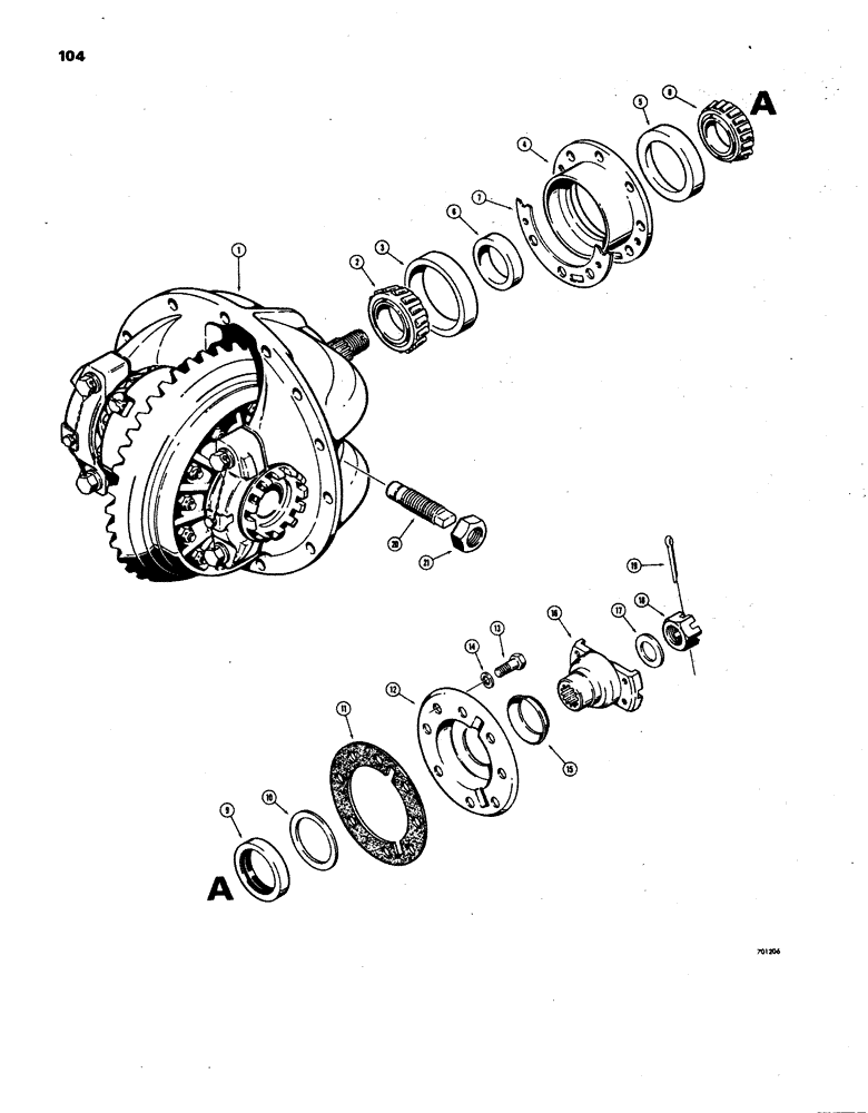 Схема запчастей Case W24B - (104) - FRONT AXLE AND DIFFERENTIAL, PINION BEARINGS AND COMPANION FLANGE (06) - POWER TRAIN