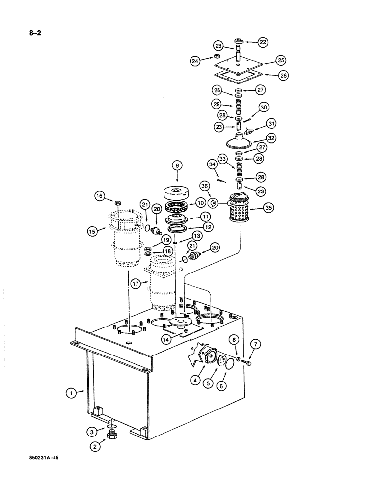 Схема запчастей Case 125B - (8-002) - HYDRAULIC RESERVOIR, P.I.N. 74251 THROUGH 74963, 21801 THROUGH 21868, 26801 AND AFTER (08) - HYDRAULICS