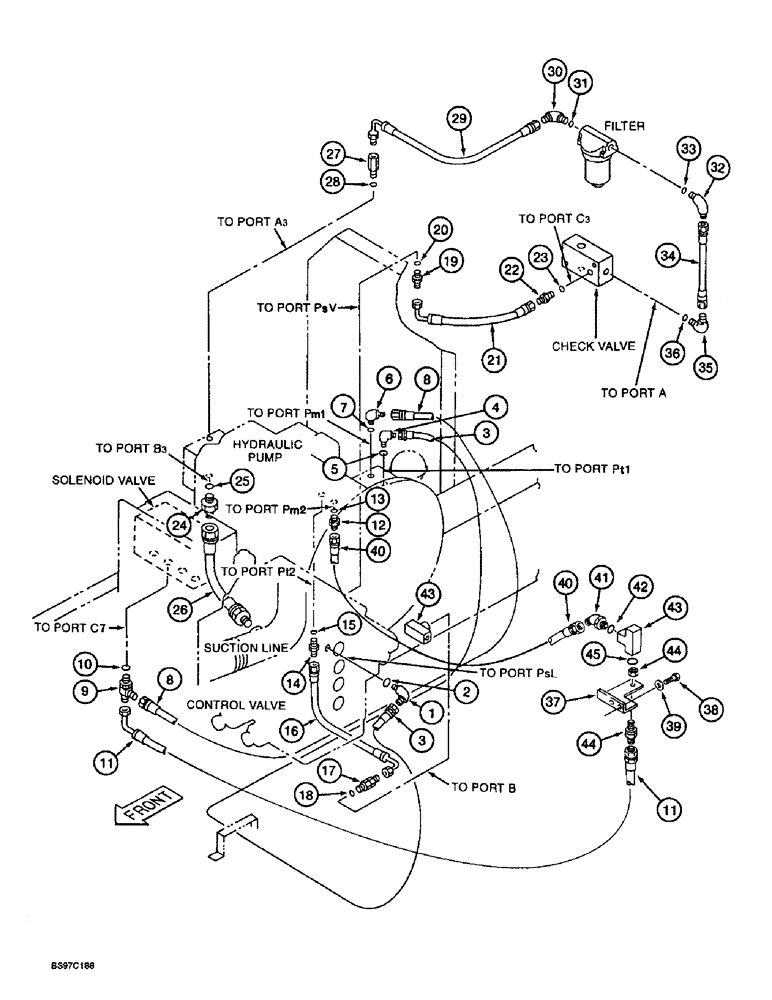 Схема запчастей Case 9030B - (8-052) - HYDRAULIC PUMP AND FILTER PILOT LINES, FOR MODELS WITH LONG REACH (08) - HYDRAULICS