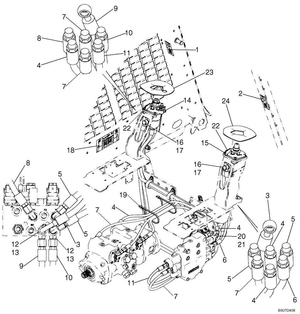 Схема запчастей Case 465 - (06-04) - JOYSTICK CONTROL PLUMBING, H PATTERN (MODELS WITH PILOT CONTROL) (06) - POWER TRAIN