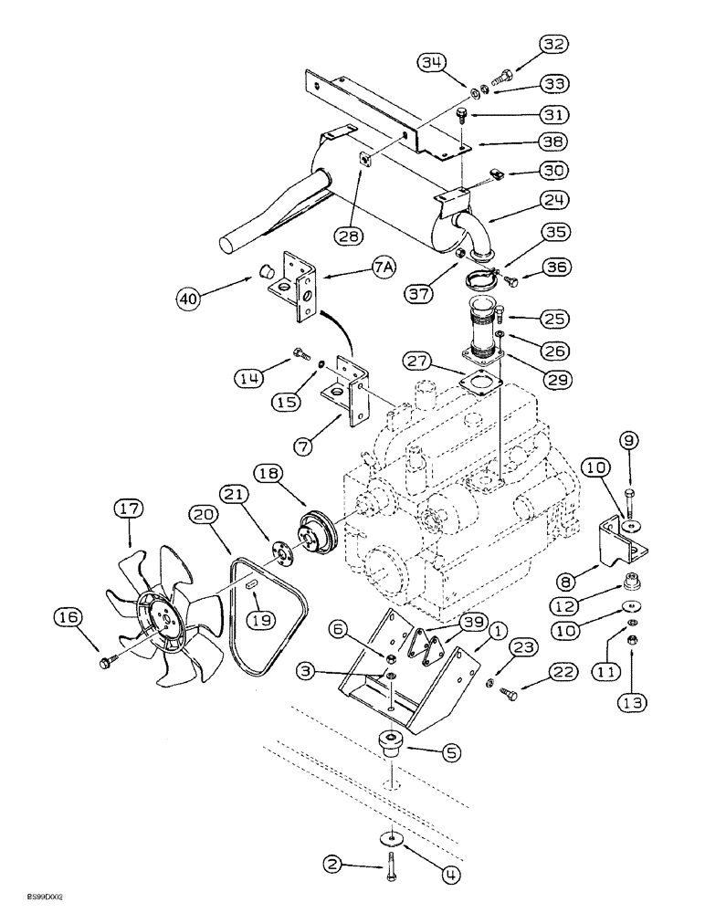 Схема запчастей Case 1838 - (2-30) - ENGINE MOUNTING, FAN, FAN BELT, MUFFLER, AND EXHAUST SYSTEM (02) - ENGINE