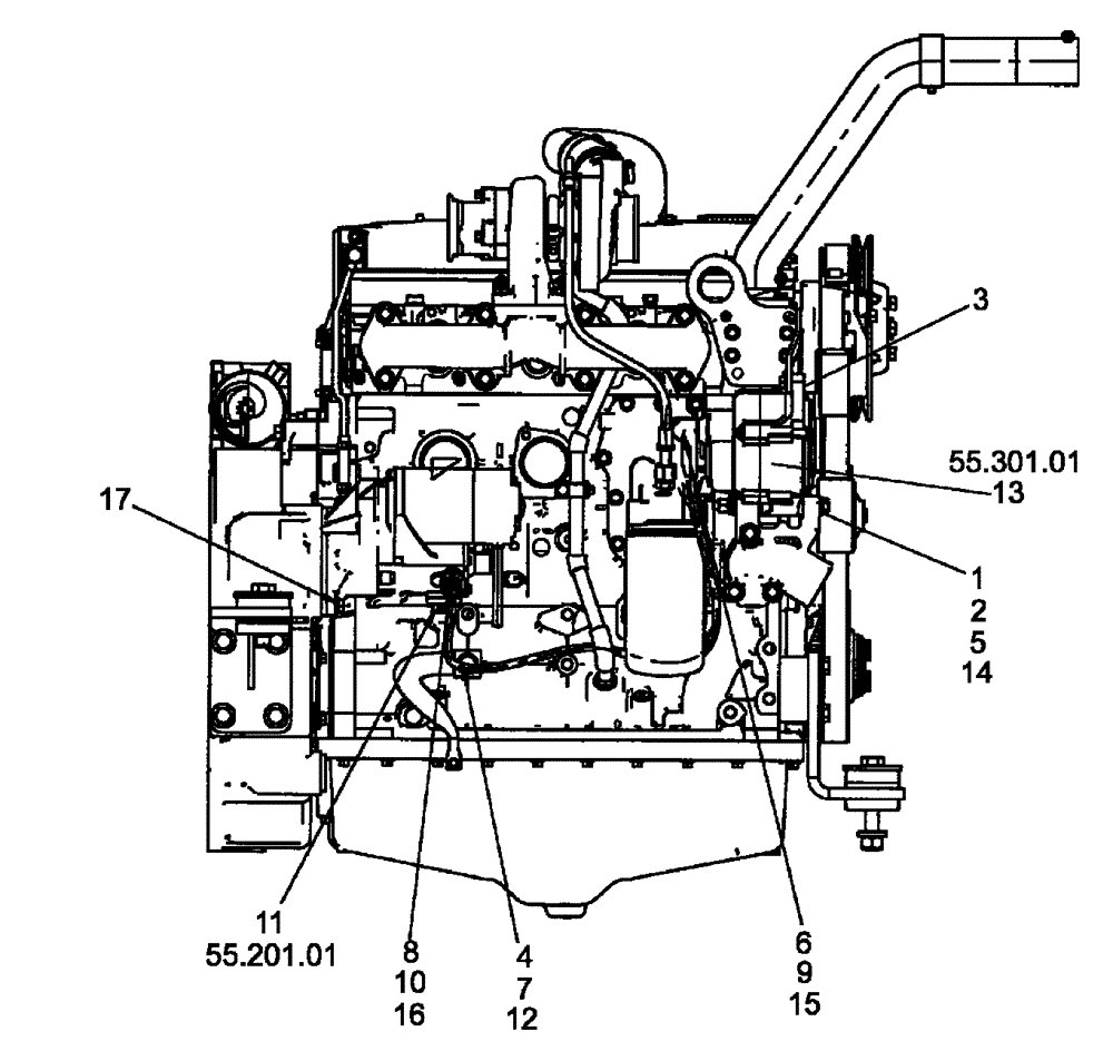 Схема запчастей Case 650L - (55.201.04) - ENGINE (RIGHT-HAND SIDE) - ALTERNATOR/STARTER (55) - ELECTRICAL SYSTEMS