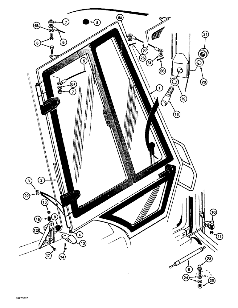 Схема запчастей Case 580SL - (9-104) - LEFT-HAND AND RIGHT-HAND CAB DOOR MOUNTING (09) - CHASSIS/ATTACHMENTS