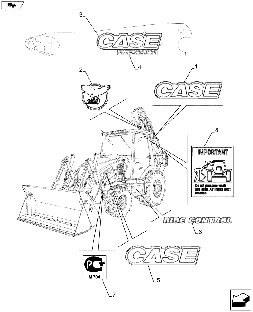 Схема запчастей Case 590SN - (90.108.01[01]) - VAR - 423056, 747882, 747883, X47086X - DECALS (90) - PLATFORM, CAB, BODYWORK AND DECALS